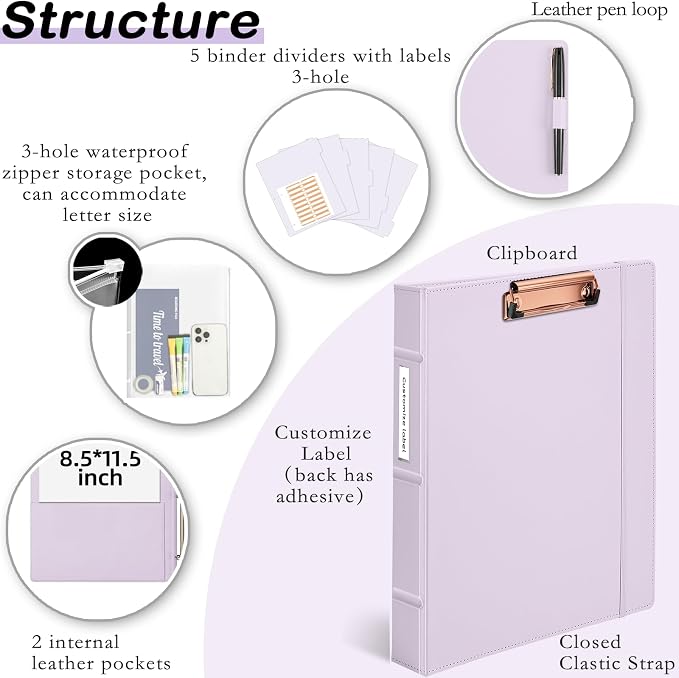 Hardcover 3 Ring 1 Inch Leather Binder, Letter Size Dividers With Tabs, PVC Zipper Pouch, Professional Organizer, Faux Lavender Purple Leather