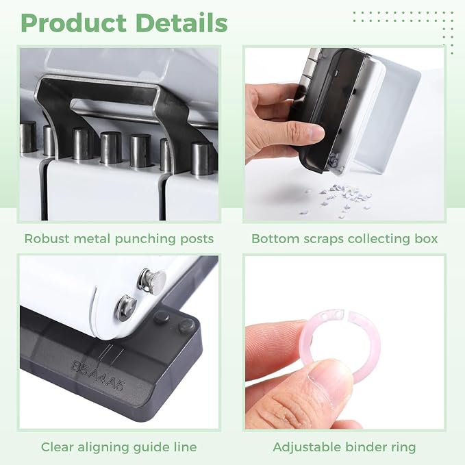 10-Hole Binder Machine Kit, Manual Binding System with 10 Pcs Loose Leaf Binding Spines & 100 Pcs Binder Rings, Binding Machine for Planner, 26 Holes on B5, 30 Holes on A4, 20 Holes on A5