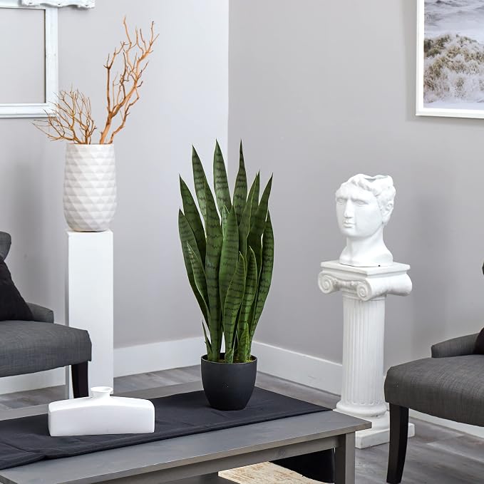 Nearly Natural 35 in Artificial Sansevieria Plant with Black Planter | Artificial Snake Plant, Faux Greenery, Indoor Home and Office Decor, Low-Maintenance