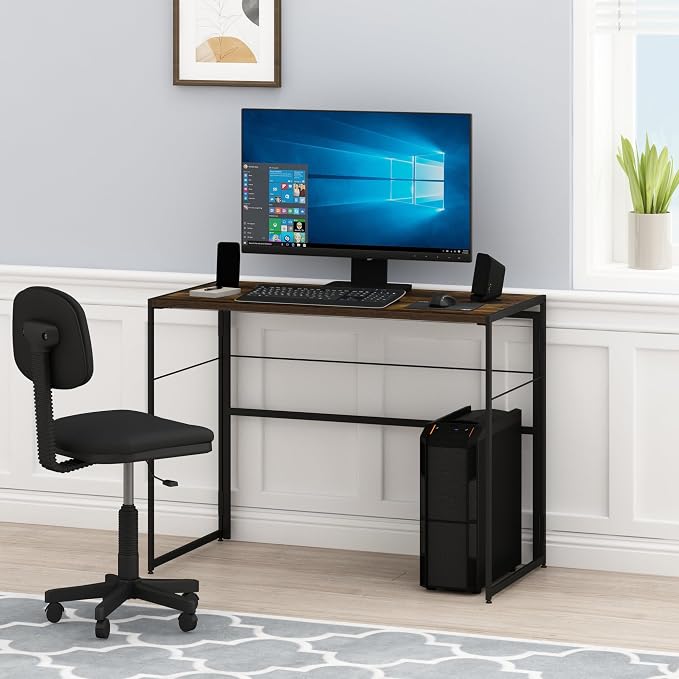 FURINNO Riau No Tool/No Assembly/Folding Metal Frame Computer Desk, Rustic Oak/Black