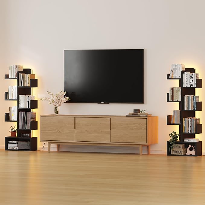 Qupui 6-Tier LED Bookshelf, 47" Tall Cactus Corner Bookcase, Black | RGB 22 Modes 6 Brightness Levels. Cactus-inspired Tree Design. Engineered Wood. 6 Shelves Hold 5-10 Books Each. For Bedroom
