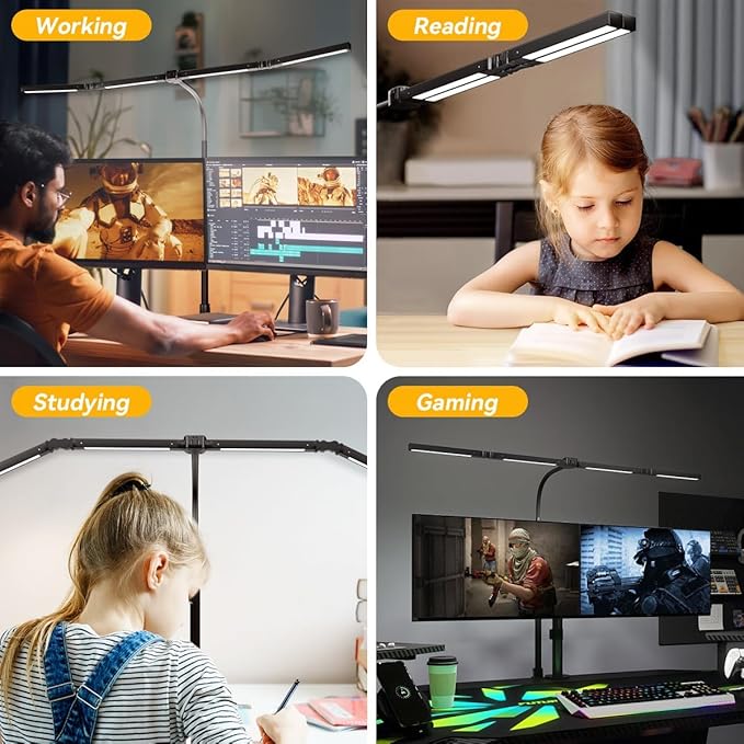 Adjustable LED Desk Lamp with Clamp, 4-Head Eye-Caring CRI95+ Desk Light, Stepless Dimming & Color Temp Remote Control, Flexible Neck, 5-Mode for Reading, Computer, Crafting, 90" Wide Desk Coverage