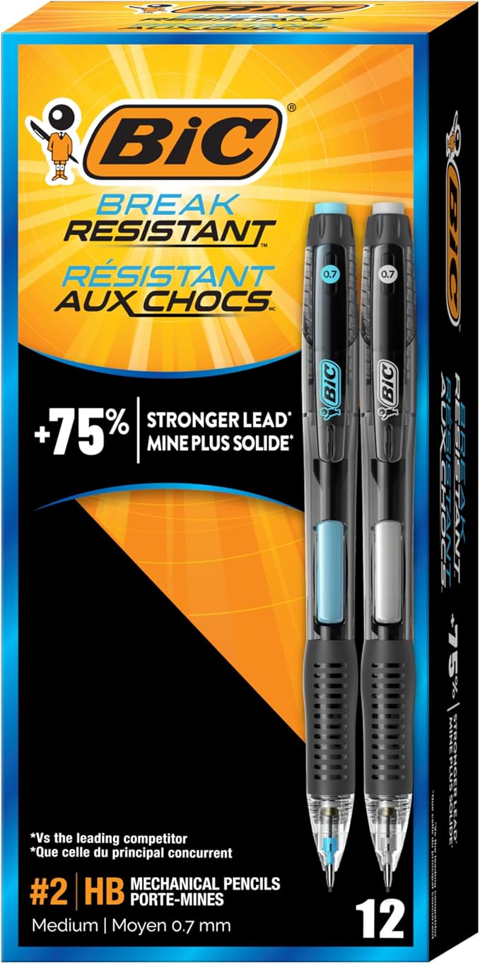 BIC Break Resistant Mechanical Pencils, No. 2 Medium Point, 12-Count | Includes Erasers, Ideal School Supplies for Students and Teachers, Features Break-Resistant Lead and Contoured Grip
