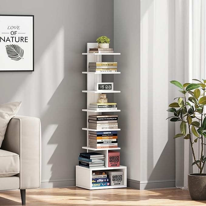 TUTOTAK Book Shelf, Narrow Spine Bookshelf, 8-Tier Bookcase for Small Space | 10.4 x 11.8 x 47.5 Inches Vertical Freestanding Corner Shelf for Living Room, Office, Study, Entryway, White BS07BW008