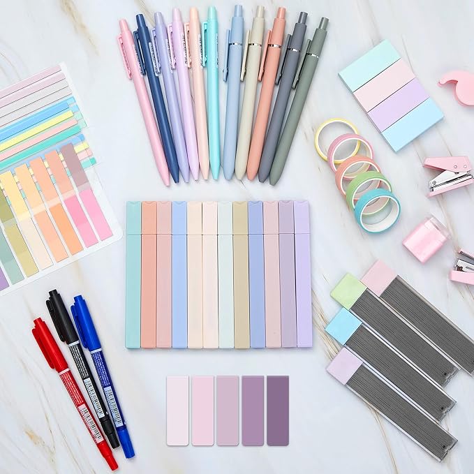 Sinload 60 Pcs Aesthetic Book Annotation Kit School Supplies Cute Pencil Case Mini Stapler Set 12 Highlighter 5 Gel Pen 6 Pencil 5 Magnetic Bookmark 1220 Sticky Note Student Stationary(Purple)