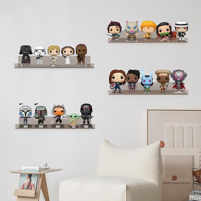 Dezzer 6 Pack Acrylic Shelves for Wall, 15" Acrylic Floating Shelves for Bathroom Bedroom, Invisible Bookshelf Wall Ledge Storage Shelf Books Perfume Toys Action Figure Display Shelves, Clear Gray