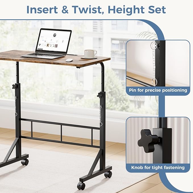 DUMOS 31.5" Walking Pad Desk, Laptop Desk, Home Office | Lockable Wheels, Adjustable Height, Portable Rolling Design, Treadmill Use, Stand Up Style, Rustic Brown