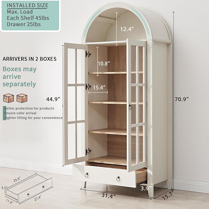 RowyPoey 71" Tall Arched Cabinet Bookshelf with Glass Door & Storage Drawer | Modern Farmhouse Display Cabinet,Adjustable Shelves,Wood Kitchen Pantry for Dining Room,Living Room,Office,Antique White
