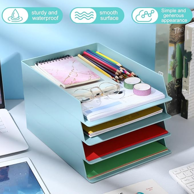 Tatuo 6 Pack Stackable Paper Trays Plastic Letter Tray Desk Organizer Paper Holder Organizer Storage Office Desk Accessories for Classroom Magazine File Documents 12.8 x 9.45 x 1.97, Blue Green