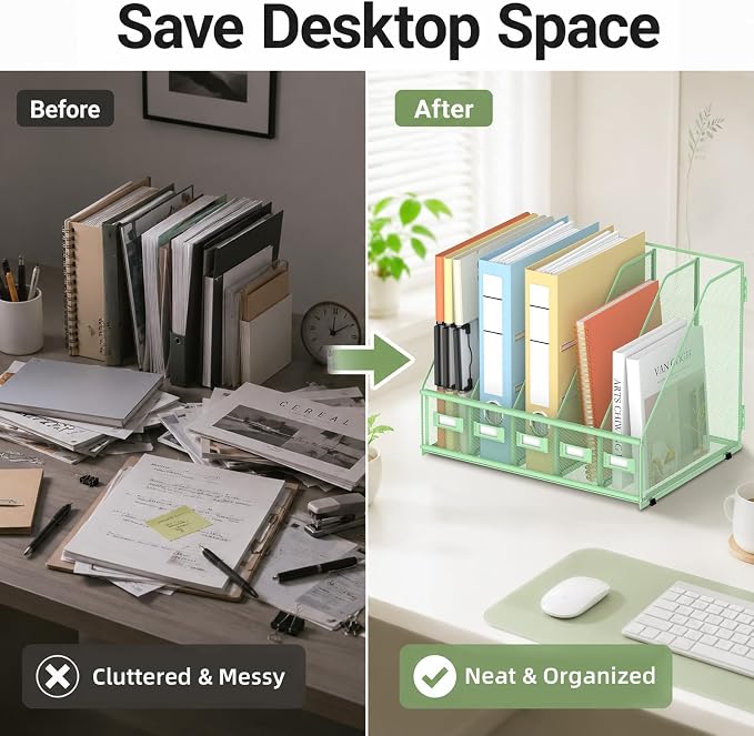 Desk Organizers Metal Desk Magazine File Holder with 5 Vertical Compartments Rack File Organizer for Office Desktop, Classroom, Home Workspace, Green, Plus