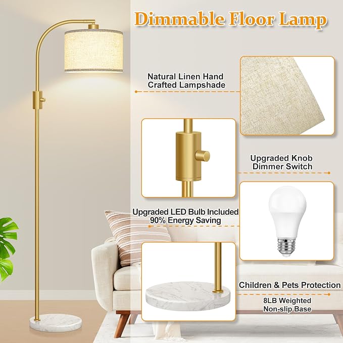 Nintiue Upgraded Modern Arc Dimmable Tall Standing Floor Lamp with Marble Base & Linen Shade, 1200 Lumens LED Bulb Included, for Living & Reading Room, Bedroom, Office & Nursery, Gold