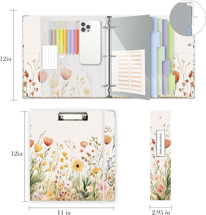3 Ring Binder 2 Inch for 8.5"x11" Paper, Three Ring Binders with Clipboard, 5 Dividers with Tabs and Pockets, Decorative Binder with Pen Holder,Weed