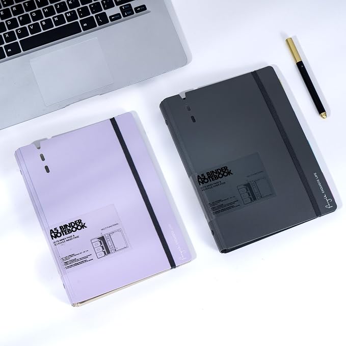 CAGIE A5 Binder 6 Ring Refillable Notebook with Dividers & Pockets | Daily Planning Square Ruled and Dotted Pages, Refill Paper Included, 6.89 x 9.25 In (Grey & Purple, A5 Daily & Dot Page)