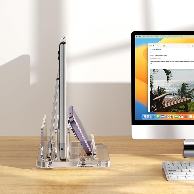 Acrylic Vertical Laptop Stand, 3-in-1 Design with Adjustable Slot Width | Clear Laptop Holder Desktop Space Saving, Supports Suitable for MacBook, IPad, IPhone, Chromebook, Surface, Samsung, Etc