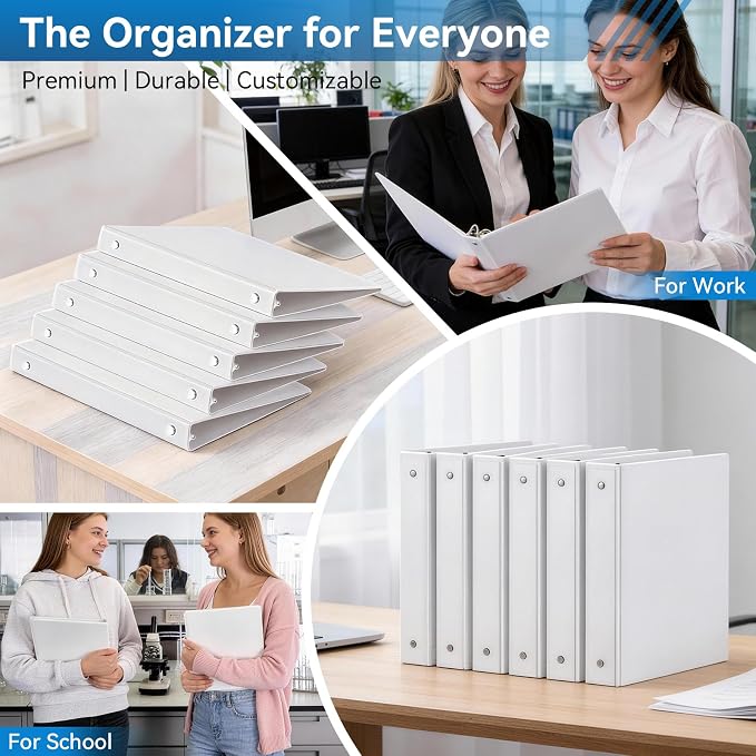 SUIN 1-inch 3 Ring Binder with 2 Pockets, Clear Customizable View Binders for US Letter Size 8.5'' x 11'', PVC Free, 1'' Binder for Office, Home, and School, White, 6 Pack
