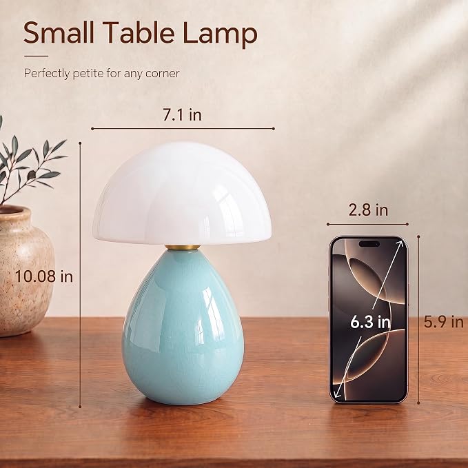 Mushroom Lamp Table Lamp for Bedroom-Small Desk Table Lamps,Blue | Ice Crackle 8.7" Mid Century Modern Table Lamps for Living Room Bedroom Decor,Ceramic Lamps for Home Room Decor,Glass Shade