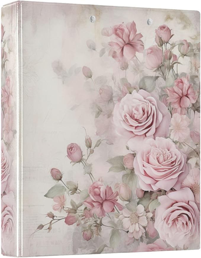 Pink Rose Flower Muted Color 3 Ring Binder with 2 Interior Pockets 1.5 inch Binders 3 Ring Heavy Duty Fit 8.5" x 11" Letter Size for Office School, 2 Pack