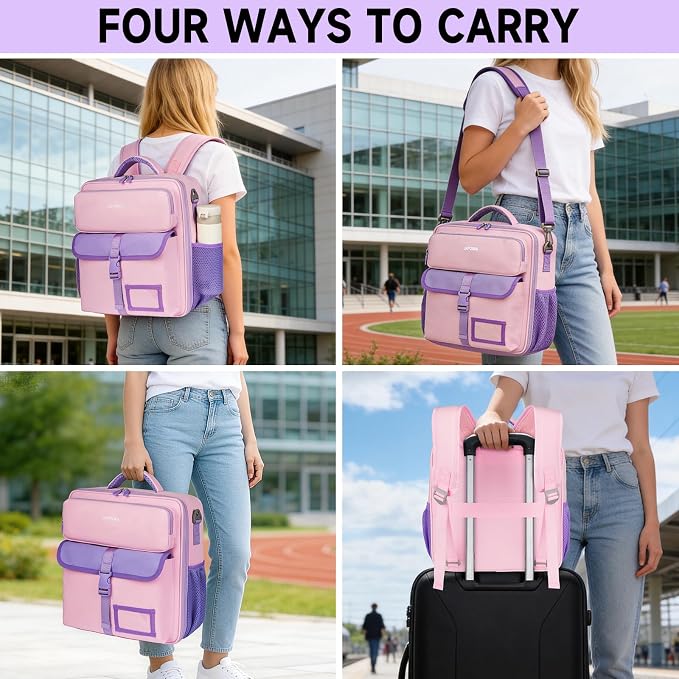 Zipper Binder Bag 3 Ring 3 Inch, 700 Sheets Capacity Binder Organizer with Detachable Backpack Straps & Shoulder Strap, Portable File Storage Case for College Office Travel, Pink&Purple