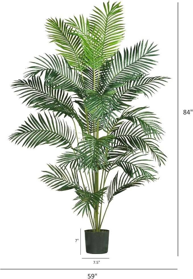 Nearly Natural 7 ft Artificial Paradise Palm Tree with Nursery Pot | 21 Feathery Fronds, Realistic Fake Leaves, Includes Black Nursery Planter, Stately Decor for Indoor Home or Office spaces