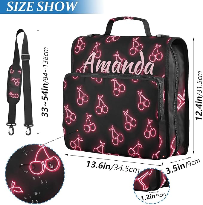 Custom 3 Ring Zipper Binder Pink Neon Cherry Personalized Name 1.5 inch Binders Large Capacity Multi Pockets for School Office Supplies