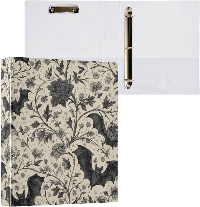 Goth Bat Round Ring Binders Floral (6) 1.5 Inch 3 Ring Binder with Clipboard Holds 200 Sheets Office Home School