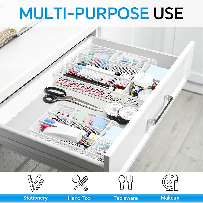 Desk Drawer Organizer, Office Drawer Divider Organizer Tray with 6 Compartments, Metal Mesh Desktop Organization and Accessories for Stationery Makeup Kitchen Toolroom School ＆ Office (Large-White)