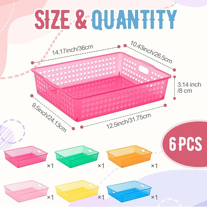 Geetery 6 Pack Classroom Storage Baskets with Handle,Translucent Colors | 14''x10'' Paper Tray Holds A4 Turn in Trays Plastic Paper Baskets Desk Organizer Bin for Classroom, Library, Office, Home