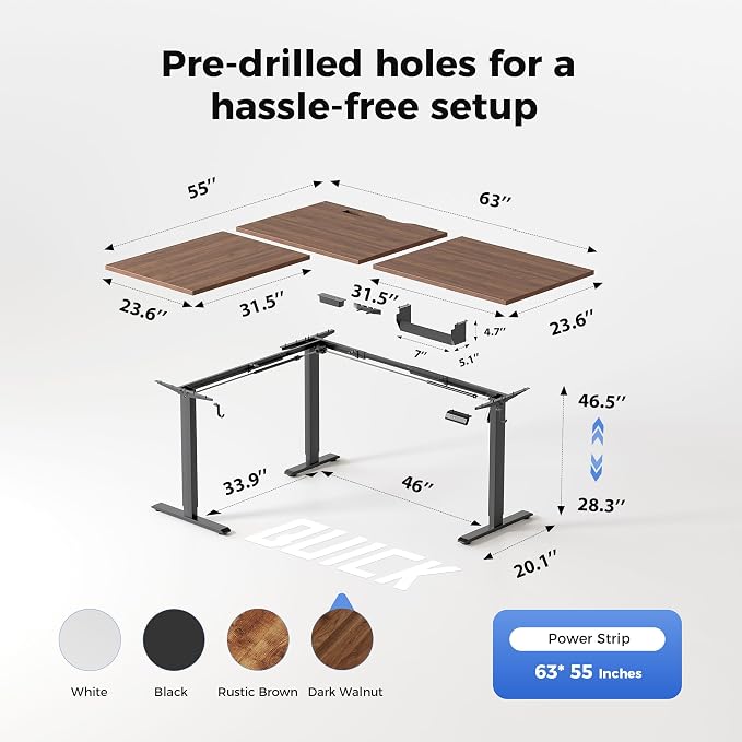 Agilestic 63 x 55 Inch L Shaped Standing Desk with Powerstrip, Dark Walnut | Outlets, Cable Management, Corner Desk, Ample Workspace, Memory Presets, Hooks, Stable Steel Frame,176 lbs, Splice Board
