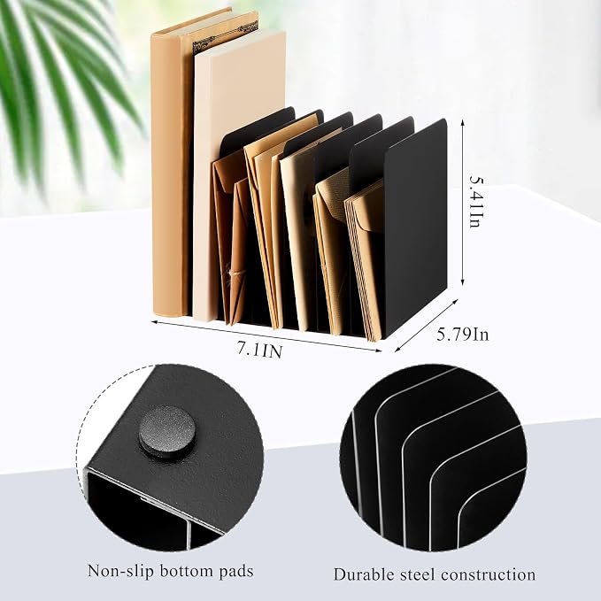 Suzile 2 Pcs Vertical Metal Desk File Organizer, 7 Compartments Desktop Document Sorter & Mail Holder for Office Home Classroom, Black