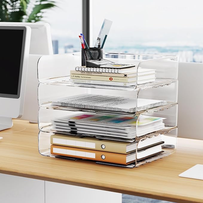 Tomorotec 4 Pack Clear Stackable Letter Tray, A4 Desk File Organizer Set | Durable PET Anti-Skid Base For Home, School Or Office Document Paper Storage. Side Load Access Design, Landscape