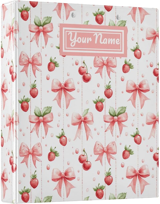 Custom Cute Bows Strawberries 3 Personalized Round Ring Binders | 1.5 Inch Binder with Clipboard, PVC Pockets, Work Organizer, Holds 200 Sheets for School Office 1 Pack