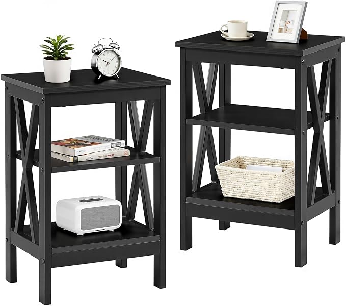 VECELO End Table Set of 2, Bedside Table, 24" Tall Living Room End Tables, X-Design Reinforced Nightstands, Side Table with 3-Tier Storage Shelves for Small Spaces, Office, Bathroom, Bedroom, Black