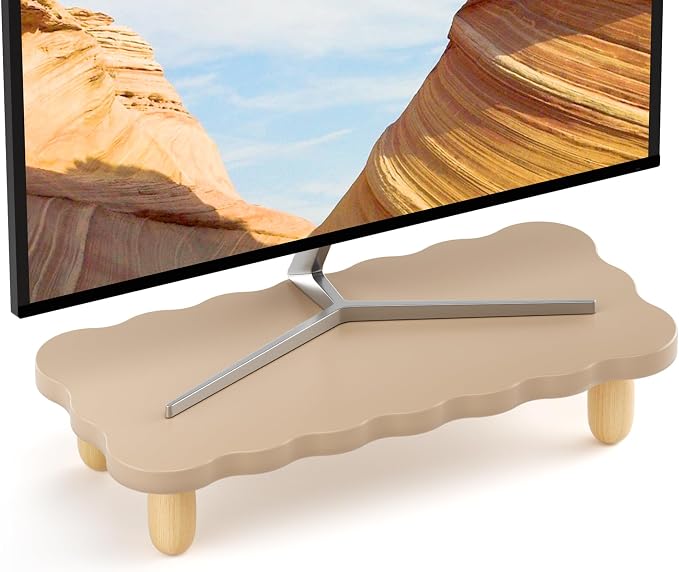 AFOOYO Monitor Stand Riser,Cookie-Shaped Sturdy Wood Computer Monitor Stand, Monitor Stand Riser, Multi-Purpose Desktop Organizer Riser for Computer,Laptop,Printer,TV,khaki