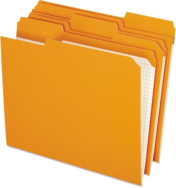 Pendaflex Color File Folders with Interior Grid, Letter Size, Orange, 1/3 Cut, 100/BX (R152 1/3 ORA) | Reverse any folder and the printed interior grid becomes a writing panel. Reinforced tabs, 100 per box, made in the USA.