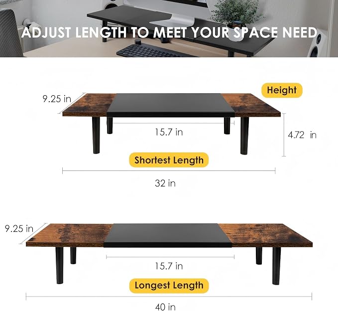 Across-Star Dual-Monitor-Stand-Riser-For-Desk Adjustable Length 32-40 Inch，Large Desktop Computer Monitor Riser For 2 Screens，Desk Shelf Organizer Riser Stand For Computer/Laptop/PC/Printer/TV Black