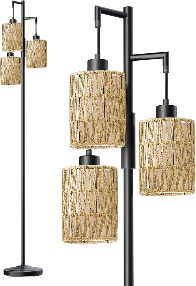 70" Floor Lamps for Living Room, Stepless Dimmable Boho Floor Lamp with 3 Bulbs, Tall Farmhouse Industrial Corner Standing Tree Lamp for Bedroom, Office, Study Room, Rattan with Linen Shade
