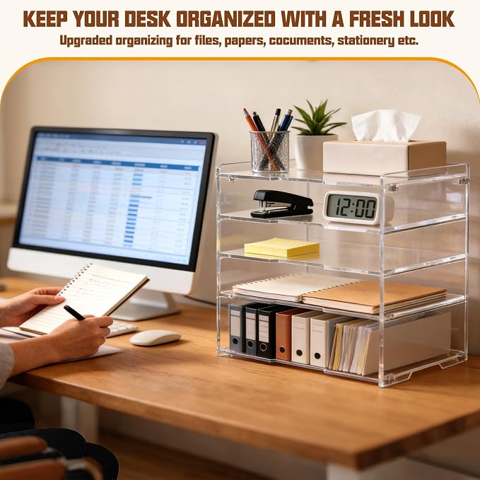 Leffis 5 Tier Acrylic Desk Organizer, Clear Paper File Folder Holder Letter Tray, Desktop Document Sorter for Office Home School Classroom, Tiered Storage Rack for Papers Bills Mail Supplies