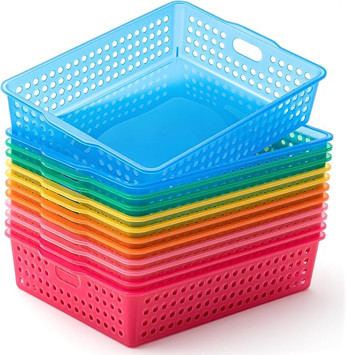Geetery 12 Pack Classroom Storage Baskets with Handle,Translucent Colors | 14''x10'' Paper Tray Holds A4 Turn in Trays Plastic Paper Baskets Desk Organizer Bin for Classroom, Library, Office, Home