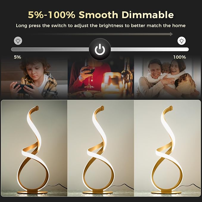 Unique Bedside Table Lamp, LED Touch Dimmable Spiral Desk Light | 3 Color Temperature Modern Nightstand Light, Side Light for Living Room, Bedroom, Gold