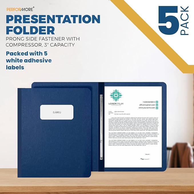 5 Pack of 8.5 ”x11” Pressboard Presentation Binder Folder, Blue Fiberboard Report Cover with Metal Prong Paper Fastener to Neatly Bind Reports, Proposals, Transcripts and Other Documents