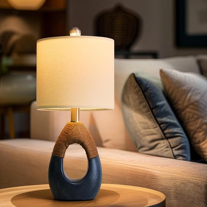 19" Table Lamp for Living Room,Boho Lamp for Bedroom, Bedside for Nightstands, Suitable for Small Space,Coastal Farmhouse, End Table, Rattan Nautical Beach Style, Blue,1 Pack