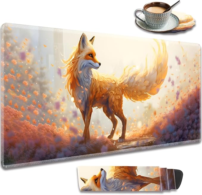 Extended Gaming Mouse Pad 31.5" x 11.8", with Edge Stitching, Non-Slip Rubber Base Keyboard Pad, Suitable for Work, Game, Office, Home and Coasters, Fox
