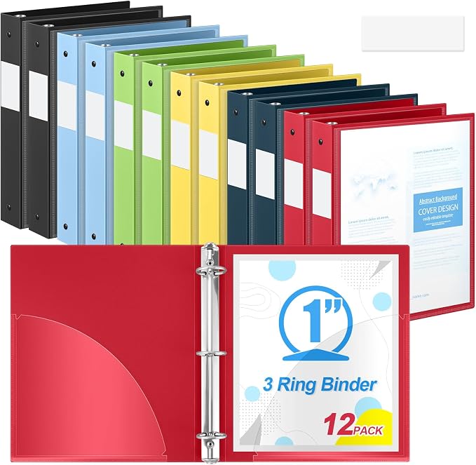 Henoyso 1 Inch 3 Ring Binders with Clear Front Cover and 2 Pockets, Round Ring Binders Fits 8.5'' x 11'' Letter Size Paper for School Office Supplies, 12 Pack (Assorted Color)
