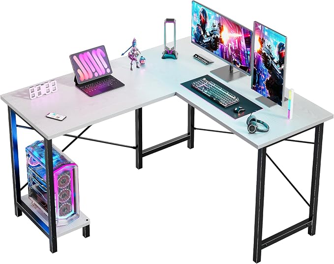 DUMOS 50-Inch Reversible L Shaped Desk with CPU Shelf, White | Computer Desk with Sturdy Metal Frame, Corner Gaming Desk, Home Office Desk for Study, Writing and Work, Sturdy Modern Design