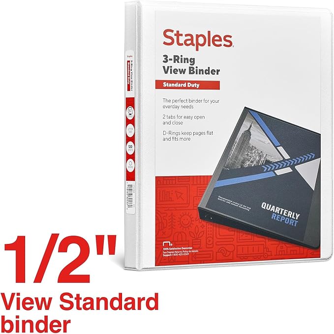 Staples Standard 0.5-Inch 3-Ring View Binder, Holds Up to 100 Sheets, White, Slim Binder for Office, School & Home
