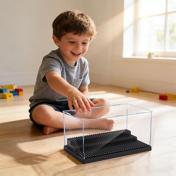 Pokiiulk Display Cases for Minifigures, 4 Mini-Figure Display Boxes Fits for Block Figures, Minifigures Cases with 3 Removable Stands Fits for Minifigs, Characters Models, L, Black