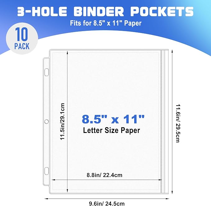 10 Pack Letter Size Binder Pockets 3 Ring Binder Zipper Pouch, 3-Hole Waterproof Resealable Zip Loose Leaf Insert Bags PVC Document Organizer Folders Page Sheet Protectors for 8.5x11 Paper