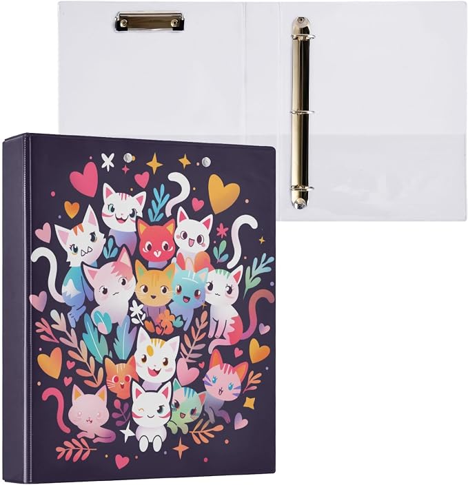 3 Ring Binder 1.5 in Recipe Binders Cute Cat Colorful | Decorative Client Records with Clip 3 Clear Interior Pockets for 200 Sheets Letter-Size(11" x 8.5") Paper PVC Cover Folder