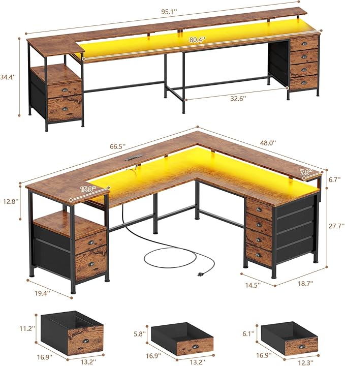 Furologee 66'' L Shaped Computer Desk with 6 Drawers & LED, Rustic Brown | Reversible Large Corner Desk with Printer Storage Shelves,LED Lights,Monitor Stand for Home Office,Working Writing Study