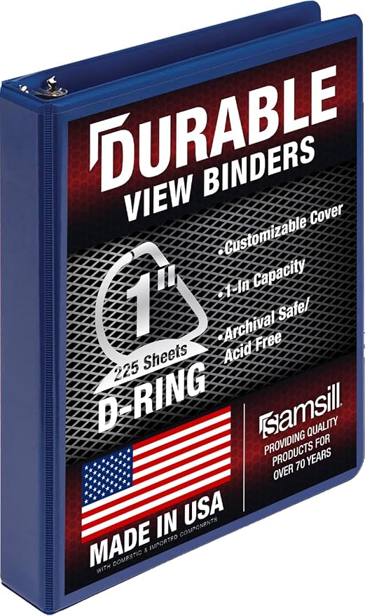 Samsill Durable 1 Inch Binder, D Ring Binder, Customizable Clear View Cover, Blueberry, Holds 225 Pages